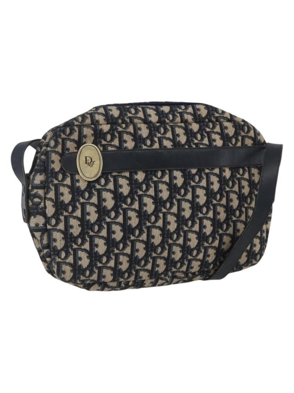 Authentic Christian Dior Trotter Canvas Shoulder Bag Navy Gold